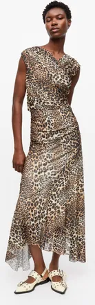 Ganni Leopard Marl Mesh Long Ruched Crossover Dress Size 10 Polyester Womens