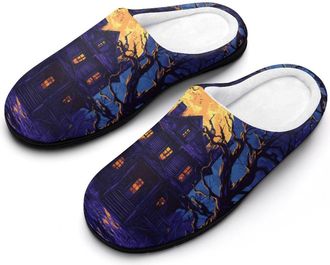 Generic Haunted House And Moon Mens Slippers Memory Foam Winter Warm Sandals Slip On House Shoes Size 7-14