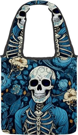 Generic Art Blue Flower Skull Reversible Canvas Shoulder Tote - Double-Sided Print, 12oz Cotton, 27cm Drop, Fold-Flat Bag for Travel, Shopping, Street Outings