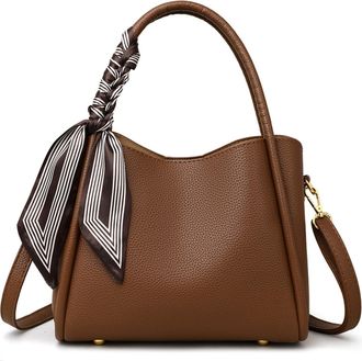 Generic PU Ribbon Bucket Shoulder Bags Solid Color Large Shoulder Bags for Women (Brown)