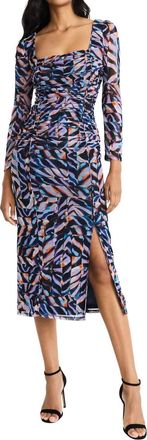 Donna Morgan Ruched Bodice Mesh Midi Dress In Lavender & Teal