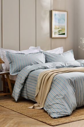 Christy Calder Stripe Heritage Inspired Cotton Percale Duvet Cover Set in Blue | Size: King