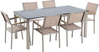 Beliani Conjunto De Comedor De Jard&iacute;n Beige Con Mesa 180 X 90 Cm De Vidrio Negro 6 Sillas Grosseto