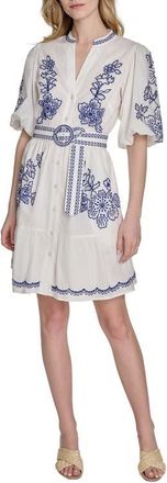 Eliza J Embroidered Puff Sleeve Cotton Shirtdress in Iye at Nordstrom, Size 10