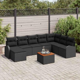 vidaXL Vidaxl - Conjunto De Sof&aacute; De Jard&iacute;n Con Coj&iacute;n 9 Pcs Negro Polirat&aacute;n
