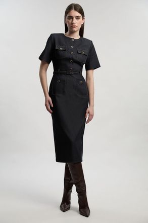 Karen Millen Womens Tailored Denim Belted Midi Dress - Indigo Blue Cotton - Size 10 UK