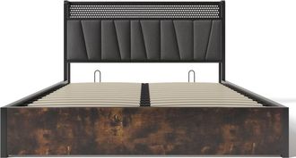 Urban Meuble Cama arcón doble tela gris iluminación LED y USB, arcón efecto madera