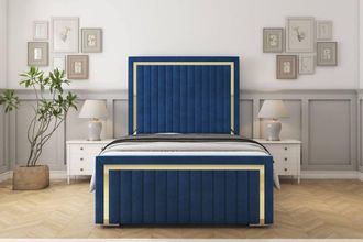 Sloomy Boston Gold Plush Frame-Mattress - 50 Upholstered Headboard in Navy | Size: Small Double
