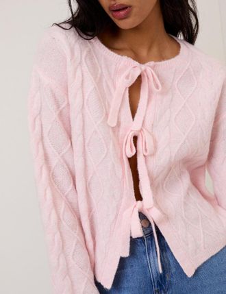Nobody's Child Pink Tie Front Cable Knitted Cardigan