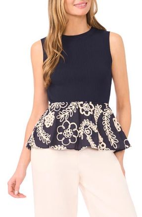 Ted Baker Embroidered Detail Mixed Media Peplum Top in Classic Navy at Nordstrom, Size X-Small