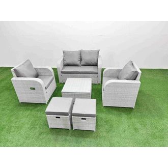 Fimous Light Grey pe Wicker Rattan Garden Furniture Set Sofa Set Reclining Adjustable Chair Square Coffee Table 6 Seater 2 Small Stools 2 Side Table - Fimous