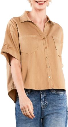 HINT OF BLU Emma Boxy Roll Tab Shirt in Toffee at Nordstrom, Size X-Small