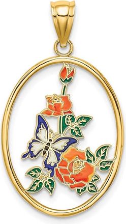 Diamond2Deal 14k Yellow Gold Enamel White Butterfly In Oval Orange Flowers Charm