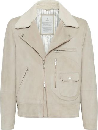 Brunello Cucinelli Beige Leather Biker Mens Jacket