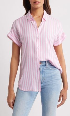 Beach Lunch Lounge Kenzie Stripe Short Sleeve Button-Up Shirt in Pink Flamingo at Nordstrom, Size X-Small