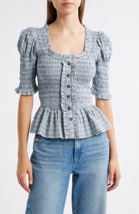 Damson Madder Mansi Smocked Organic Cotton Peplum Top in Cloudy at Nordstrom Rack, Size 10 Us / 14 Uk