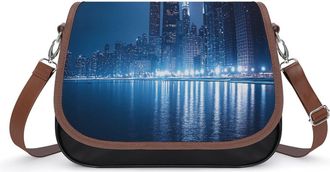 Generic Chicago Skyline at Night Crossbody Bags for Women Fashion Leather Shoulder Handbags With Adjustable Strap