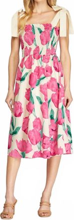 She + Sky Floral Print Smocked Midi Dress In Pink/ivory