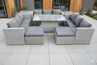 Fimous 11 Seater PE Rattan Garden Funiture Set Adjustable Rising Lifting Table Sofa Dining Set with 2 Side Tables in Light Grey