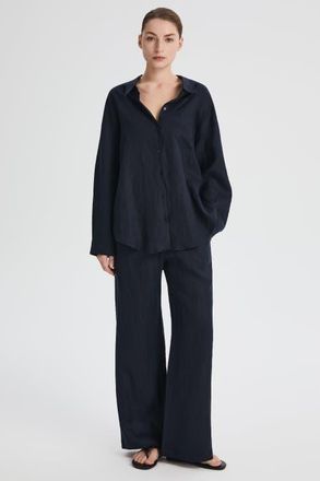 Orolay Oversized Linen Button-Up Shirt in Navy at Nordstrom, Size X-Small