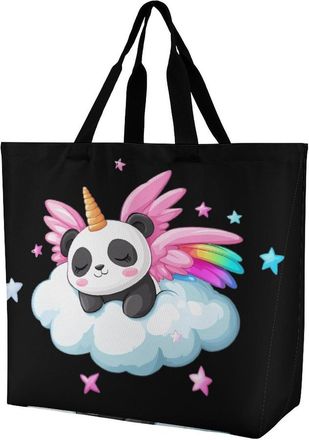 Generic Cute Panda With Rainbow Wings Tote Bag Reusable Grocery Shopping Bags Large Travel One Shoulder Handbag for Picnic Work