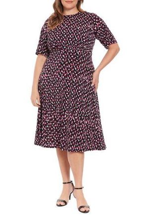 London Times Elbow Sleeve Fit & Flare Midi Dress in Black/Orchid at Nordstrom Rack, Size 16W