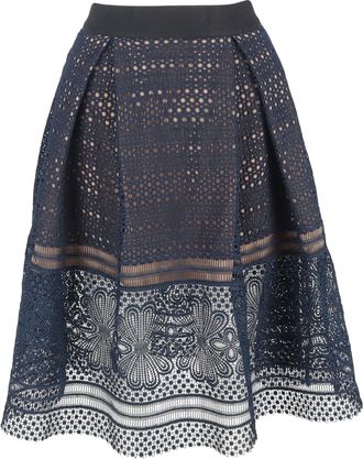 Self Portrait Sofia Pleated Lace Midi Skirt in Navy Blue Polyester