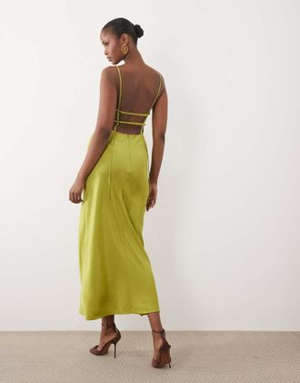 Asos Vestito midi con spalline sottili e scollo dritto color lime dorato con fascette sul retro-Verde