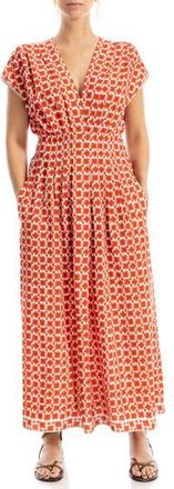 Max Studio Cap Sleeve Tucked Waist Maxi Dress in Cream/Papaya Poppy Buds at Nordstrom Rack, Size X-Large