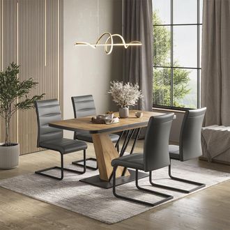 Vicco Set De Mesa De Comedor Fenaro, Roble Dorado, 120 X 80 Cm Con 4 Sillas De Comedor, Gris, Vicco
