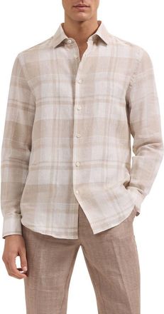 Bugatchi Julian Shaped Fit Plaid Linen Button-Up Shirt in Sand at Nordstrom, Size X-Large