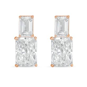 Diana M. Jewels 14kt rose gold 4cts lab grown emerald and radiant cut diamond earrings