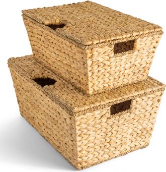 Best Choice Products Set of 2 X-Large & Medium Woven Storage Baskets W/Lids, Hyacinth Nesting Organizer Bins