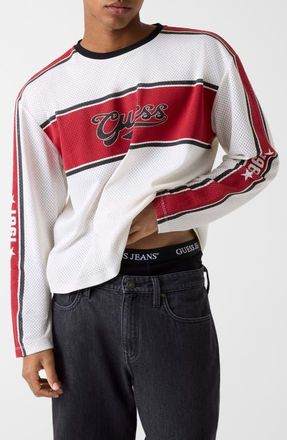 Guess Boxy Fit Long Sleeve Logo Stripe Mesh T-Shirt in White at Nordstrom, Size Medium