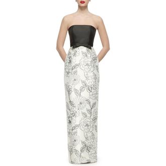After Six Tilly Mixed Media Column Gown in Black/Botanica Print at Nordstrom, Size 10