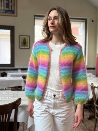Rose Carmine Mini Jacket Stripes Cardigan In Pastels Rainbow