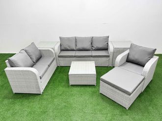 Fimous Patio PE Wicker 7 Seater Outdoor Rattan Furniture Sofa Sets w/ Square Coffee Table Reclining Chair Loveseat Sofa 3 Seater Sofa Big Footstool 2