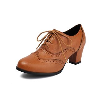 Generic Womens Lace Up Vintage Brogues Chunky Heel Platform Dress Shoes Round Toe PU Leather Casual Shoes,Yellow,7.5 UK