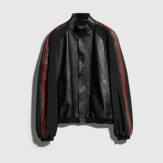 Gucci Leather Bomber Jacket With Web, Size 44 IT, Black