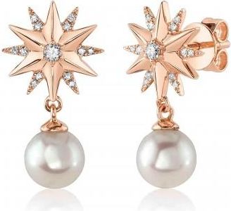 Allurez Diamond & Cultured Pearl Star Dangling Earrings 14K Rose Gold (0.11ct)