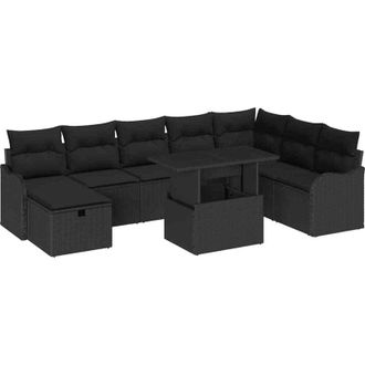 vidaXL Conjunto De Sof&aacute; De Jard&iacute;n Con Coj&iacute;n 9 Pcs Negro Polirat&aacute;n