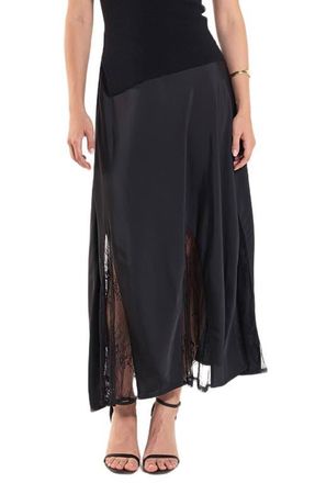 endless rose Lace Trim Satin Midi Skirt in Black at Nordstrom, Size X-Small