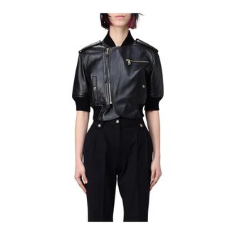 Versace Jeans Couture Leather Jackets, female, Black, 2XS, Cropped Asymmetrical Leather Jacket