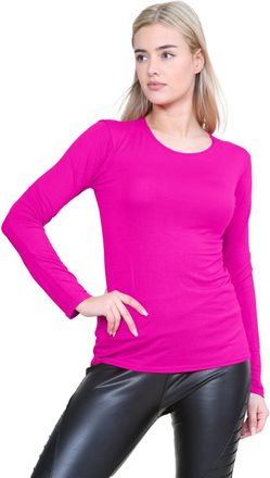 Janisramone Hamishkane Long Sleeve T Shirts Women, Round Neck Stretchy T Shirts, Plain Slim Fit Going Out Tops, Breathable Basic Summer Tops for Women UK Neon Pin