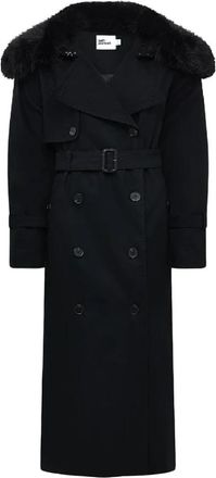 Self Portrait Twill Trenchcoat met Kraag van Imitatiebont - Dames - Trenchcoats - Zwart - XS - Katoen - Jassen