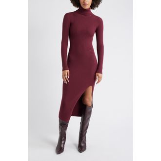 Open Edit Rib Long Sleeve Turtleneck Sweater Dress in Burgundy Tannin at Nordstrom Rack, Size Xx-Small