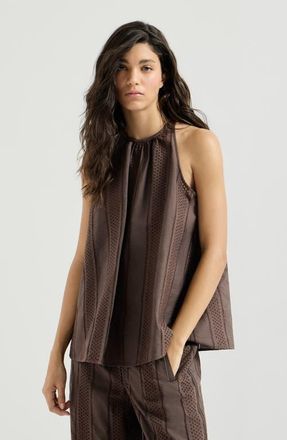 Brunello Cucinelli Techno cotton poplin broderie anglaise top with monili in Chocolate at Nordstrom, Size X-Small