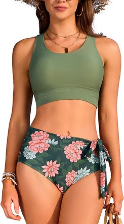 SHEKINI Womens High Waisted Bikini Sets 2 Piece Modest Swimsuits Tummy Control Bathing Suit with Tie Side Knot