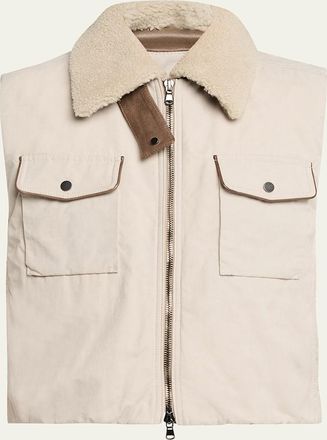 Brunello Cucinelli Lamb Shearling Collar Techno Satin Padded Vest