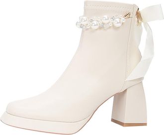 Generic Wedding Shoes High Heels Boots for Women Ankle pearl chain Elegant Bow 7CM Block heel for Bride Prom Party (2.5)
